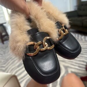 Black Fur Trim Loafers with Gold Chain